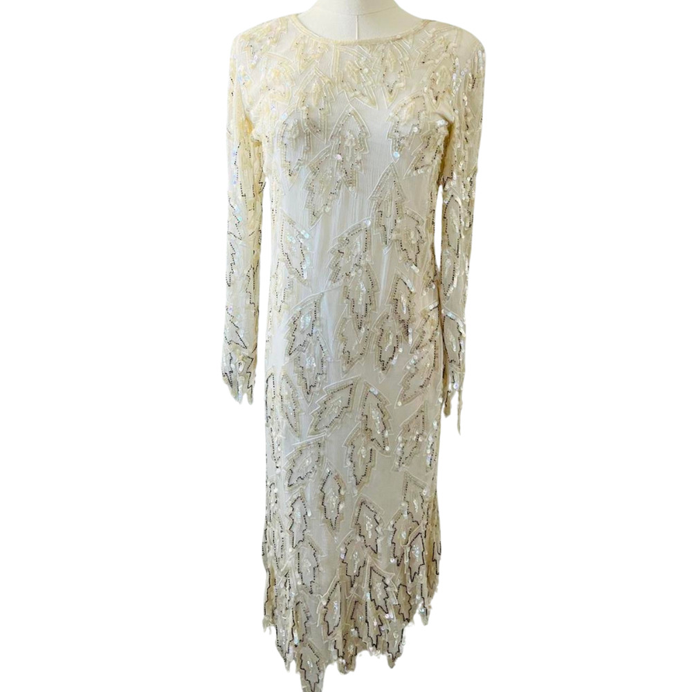 Vintage 80s Lillie Rubin Silk Sequin 1920s Style Evening Designer Dress Size M